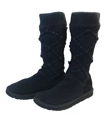 UGG Classic Argyle Knit Textile Women's Knee High Black Boots 5879 US Size 5 • $29.99