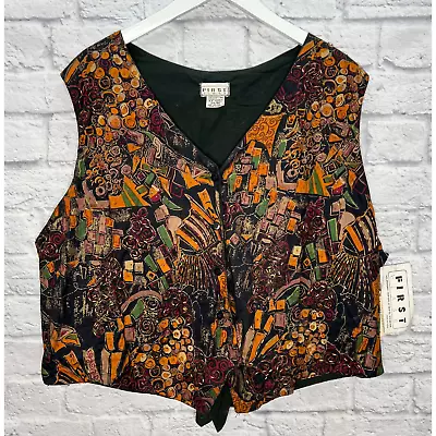 Vintage First Class Womens Vest Size 2XL Abstract Floral Beaded New Button Front • $29.96