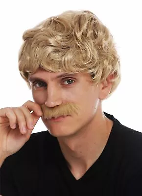 Wig Moustache Carnival Men's Short Curly Wavy 70er Years Cowboy Blonde • £8.60