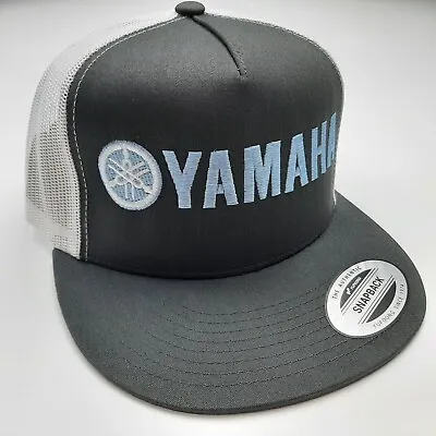 Yamaha Flat Bill Cap Hat Trucker Mesh Snapback Gray & White Baby Blue Letters • $27.99