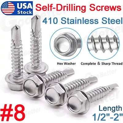 #8 UNC Hex Washer Head Self Drilling Sheet Metal Tek Screws 410 Stainless Steel • $4.99