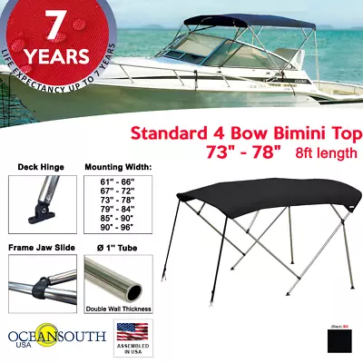 Standard BIMINI TOP 4 Bow Boat Cover Black 73 -78  Wide 8ft Long W/ Rear Poles • $149.10