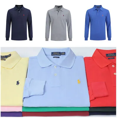 Men's Polo Ralph Lauren Custom Fit Cotton Polo T-shirt Long Sleeve Top With Logo • £23.94