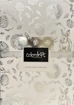 Colordrift Metallic Silver Bunny Rabbits Bird Nests Cloth Tablecloth 60” X 120” • $59.95