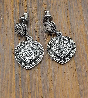 Vintage Sterling Silver 925 Marcasite Dangle Heart Post Back Earrings 1  • $21