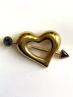 Monet Brooch Pin Gold Tone Puffy Heart W/ Arrow Red Blue Stones Signed 2.25x1.5 • $14.55