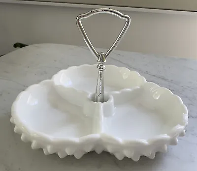 Vintage Fenton Hobnail Scalloped Milk Glass Divided Tray With Chrome Handle MCM • $20