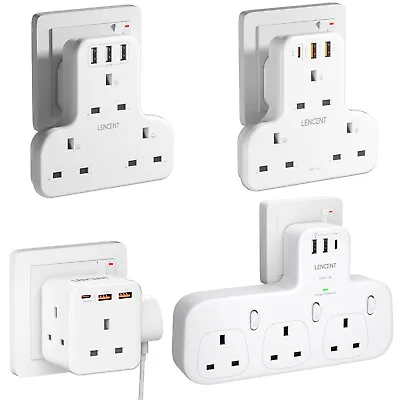 LENCENT 3 Way Extension Plug Adapter UK Wall Power Socket With 3 USB Ports • £14.99