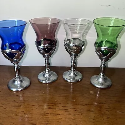 4 Cambridge Glass Chrome Art Deco Farberware  Multi-Color Cordial Glasses 4.5” • $37.99