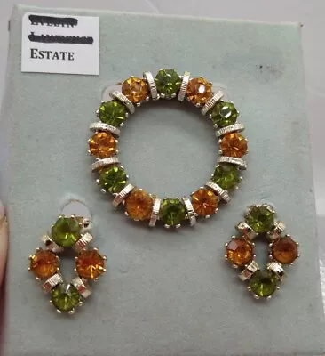 Vintage Camelot Peridot & Butterscotch Rhinestones Brooch & Earrings Set Estate • $21