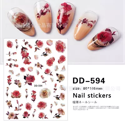 3D Nail Stickers Nail Art ROSE FLOWER Self-Adhesive Transfer Toe Decals DIY NH12 • $2.95