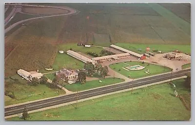 Milan Ohio~Aerial Vw~Homestead Inn~nr Aircraft Landing Strip~Gulf Station~1950s • $6