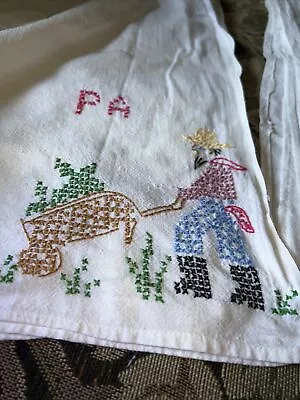 Dish Kitchen Towels Flour Sack Embroidered Cross-stitch White Towels Vintage • $28