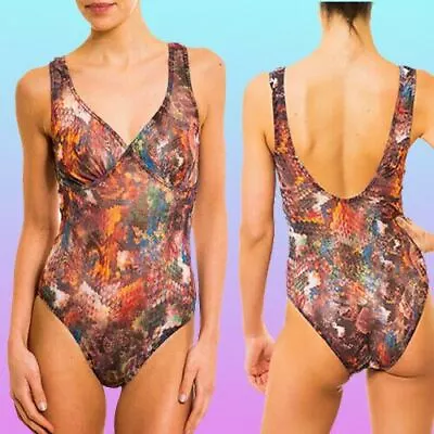 Kiniki Tan Through Swimsuit Swimming Costume Pavo Printed Plunge Size 8 10 Small • £19.50