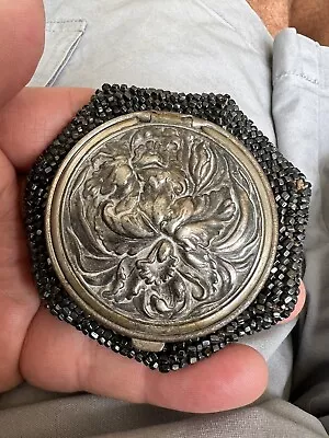 Antique Silver Colored  Floral Design Lid Black Beaded Tam O Shanter Coin Purse • $50