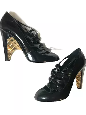 CHANEL Multibuckle Black Patent Leather Fancy Heel Pumps. Sz 38.5(US 8.5) • $170