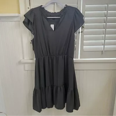 Banana Republic NWT Gunmetal Gray Flutter Sleeve Fit N Flare Dress Size Large • $45