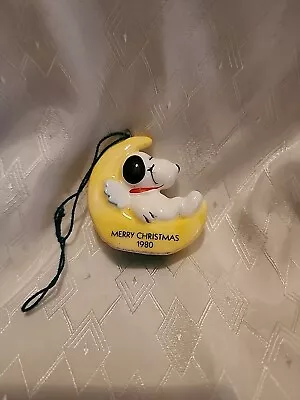 Vintage 1980 Winged Snoopy Christmas Ornament Sitting On A Yellow Moon • $24.99