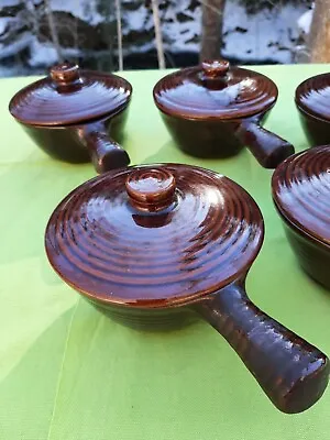 5 Monmouth Pottery USA Brown Lidded French Onion Soup Bowl W/ Handles Vintage • $34