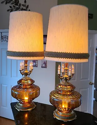 Mid Century Modern Hollywood Regency Iridescent Amber Glass Table Lamps PAIR XL • $795