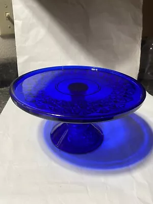 Cobalt Blue Glass Cake Stand Serving Plate Textured Star Pattern -Looks Vintage • $45