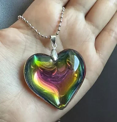 Crystal Glass Multicolor Heart Charm Pendant  Necklace Big 43mm 3D 60cm Chain • $25