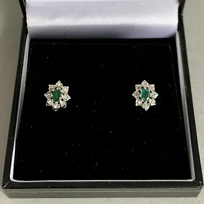 £175 • Buy 9ct Gold Emerald Diamond Cluster Earrings 10 X 8mm Studs 1.58g Vintage 9K 375
