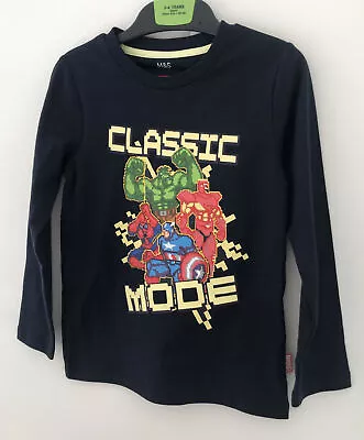 M&S Marvel Comics Age 3-4 Years Long Sleeved Navy Cotton T-shirt • £9.99