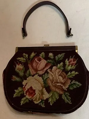 VINTAGE Eric Handbags NY Cross Stitch Needlepoint Rose Floral Purse 9  X 10  • $59.99
