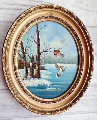 Oil Painting On Board Winter Scene Ducks Original Signed Framed 12.5  X 10.5   • £30