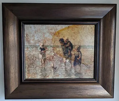 Beach Scene Framed Vintage Picture Print Crackling Effect Ready To Hang • £56