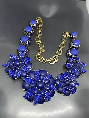 J. Crew Signed Bronze Tone Floral Blue Lucite Beads Enamel Statement Necklace • $59.99