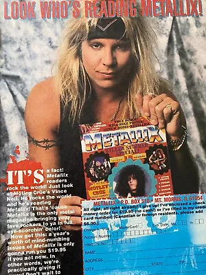 Vince Neil Motley Crue Metallix Magazine Full Page Vintage Promotional Ad • $2.59