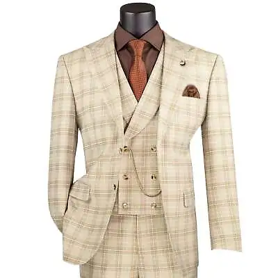 VINCI Men's Khaki Plaid Peak Lapel 3 Piece 2 Button Modern Fit Suit NEW • $150