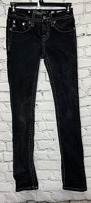 Miss Me Jeans Girls Wash Black Detailed Back Pockets Skinny Jeans Sz 14 Low Rise • $19.99