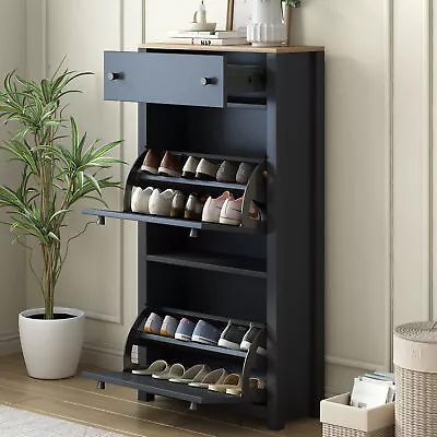 Functional Entryway Organizer 2 Flip Drawers Wood Grain Top Shoe Cabinet • $203.05