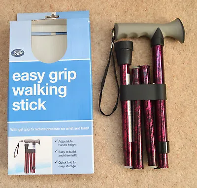 Boots Easy Grip Folding Red Crackle Adjust Handle Quick Fold Walking Stick • £15