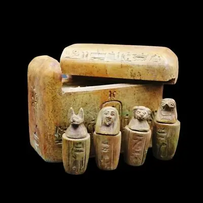 Fine Antique Egyptian Stone Box Set Of 4 Canopic Jars (Organs Storage Statues) • £442.35