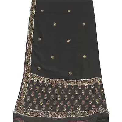 Sanskriti Vintage Dupatta Long Stole Pure Georgette Silk Black Hand Beaded Veil • $21.99