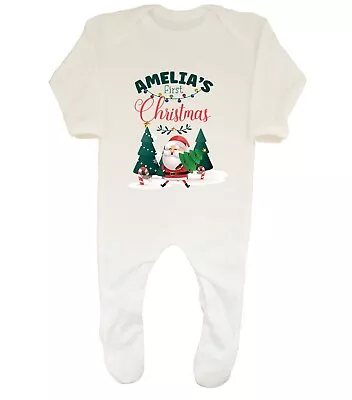 Personalised First Christmas Santa Xmas Tree Baby Grow Sleepsuit Boys Girls Gift • £9.99