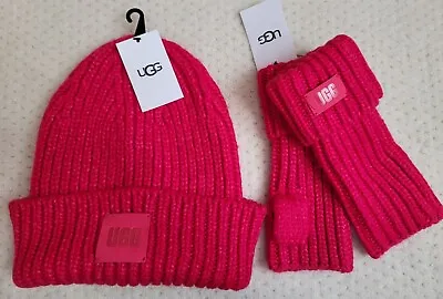 NWT UGG Chunky Fingerless Wool Blend Cuff Gloves & Beanie Hat Set CERISE PINK • $65.99