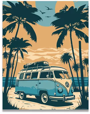 Palm Trees Volkswagen Van Poster Vintage Beach Surf 11x14 Inches Unframed • $9.95