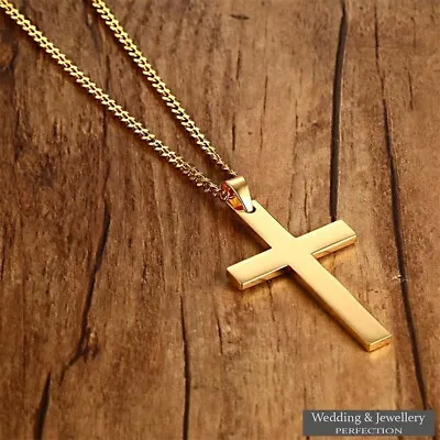 Mens Chain Necklace Gold Cross Pendant Rosary Jesus Men's Stainless Steel Love • £8.99