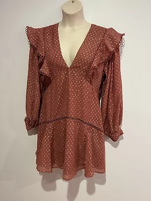 $30 • Buy Dusty Pink / Shiny Silver Long Sheer Sleeve Short Lined Dress / Lace Size16 GC