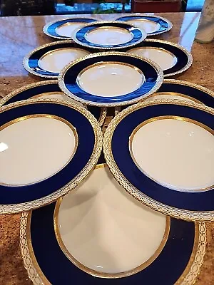 11 Minton Tiffany  Dinner Plates Cobalt Blue & Gold Rim   10 1/2  Scroll  H4390 • $700