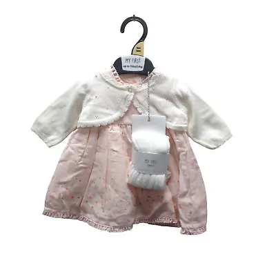 Mothercare New Baby 3 Piece Dress Set Dress Bolero & Tights Pink & White New Tag • £8