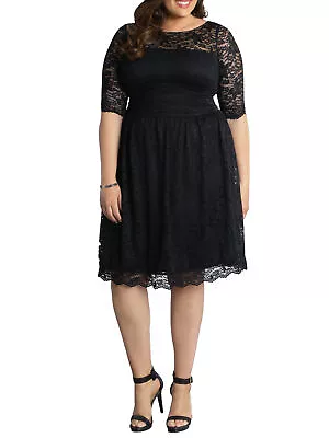 KIYONNA Womens Black 3/4 Sleeve Knee Length Evening A-Line Dress Plus 1X • $19.99