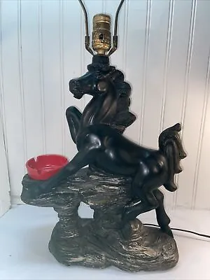 Vtg MCM 60’s Chalkware Black Beauty Stallion Horse Table Lamp Ashtray Holder • $202.49