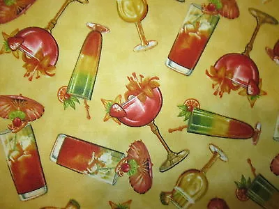 $3.75 • Buy Martini Cocktail Long Island Wine Glass Fruit Yellow Cotton Fabric FQ