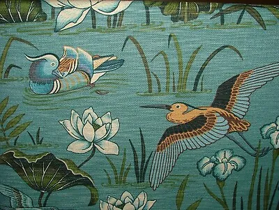 Japanese Water Lily And Birds Blue Linen Blend Curtain Upholstery Cushion Fabric • £2.99